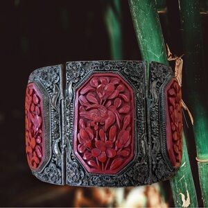 Wide Antique Chinese Export Cinnabar and Silver Filigree Bracelet